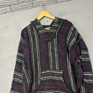 Baja Joe Mexican Poncho Hoodie Purple Black Striped Woven Pullover XL Mens